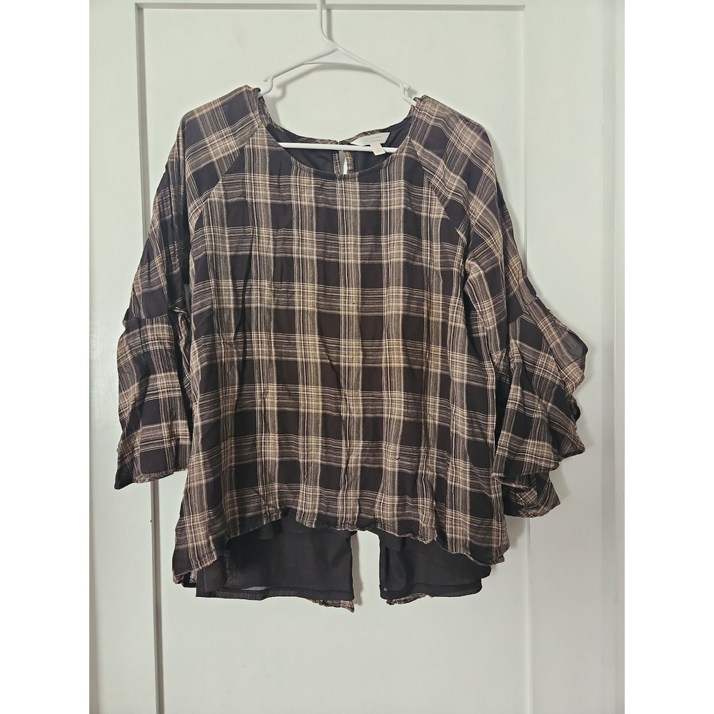 LC Lauren Conrad Brown Plaid Tiered Ruffle Sleeve Blouse Size L Boho Grungy